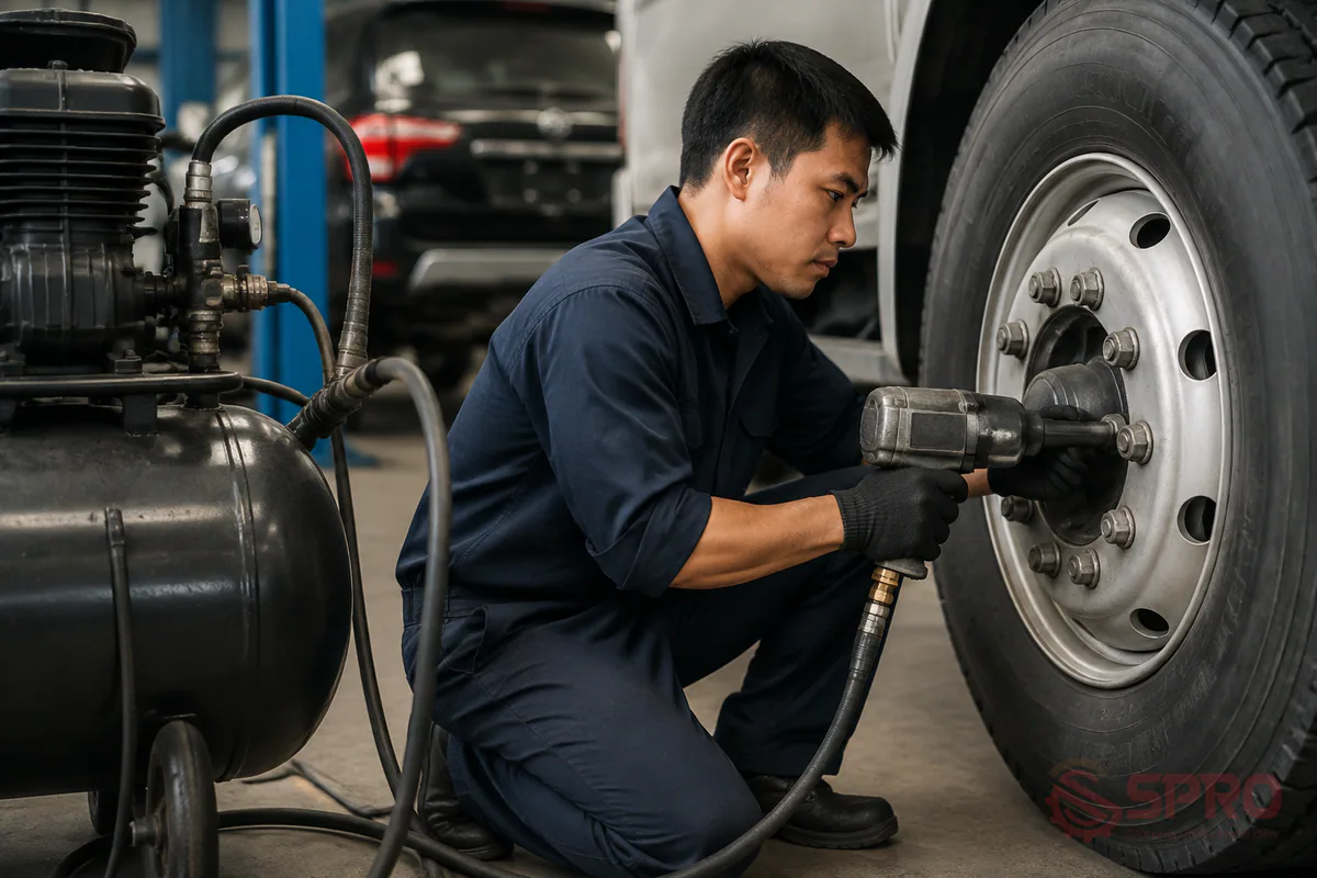 Tại sao cần tính lưu lượng khí nén súng siết bu lông?: Trong vận hành thực tế tại garage, súng siết bu lông dùng khí nén (loại 1/2 inch, 3/4 inch hay 1 inch) đòi hỏi một lưu lượng khí tức thời tương đối lớn để tạo lực đập búa mạnh.