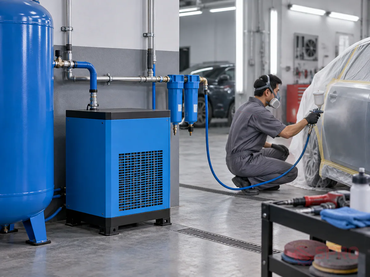 xu hướng xử lý khí nén garage 2024 - 2. Hệ thống tích hợp máy sấy khí làm lạnh: Khi garage triển khai thêm dịch vụ dọn nội thất, phun bọt tuyết hoặc sơn chi tiết dặm vá, máy sấy khí kiểu làm lạnh là thành phần bắt buộc.