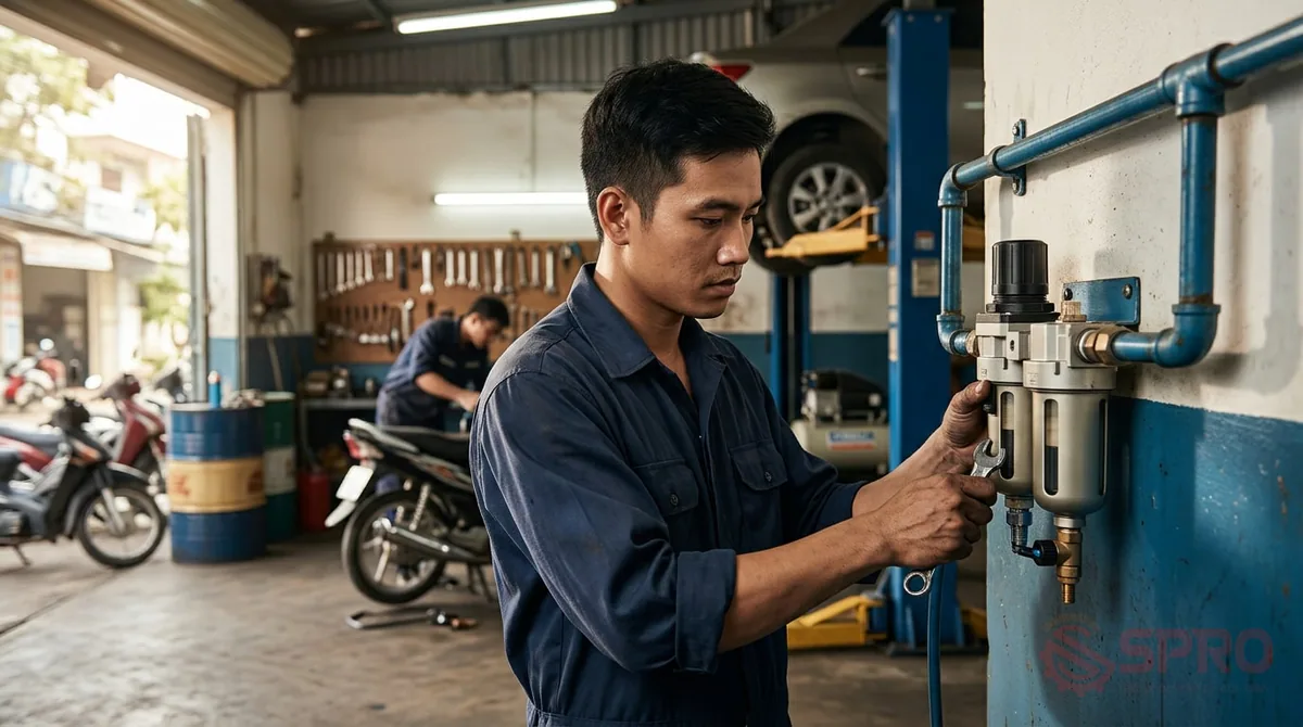 Xử lý nước trong hệ thống khí nén garage hiệu quả nhất 1 xử lý nước trong hệ thống khí nén - Kết luận nhanh: Phương án xử lý nước phù hợp cho garage ô tô: Tùy theo quy mô xưởng và nhu cầu sử dụng khí nén, chủ garage có thể chọn giải pháp phù hợp: Garage nhỏ và tiệm làm lốp (Tối ưu chi phí): Lắp đặt Bộ lọc tách nước đơn/kép kết hợp Van xả đáy tự động .