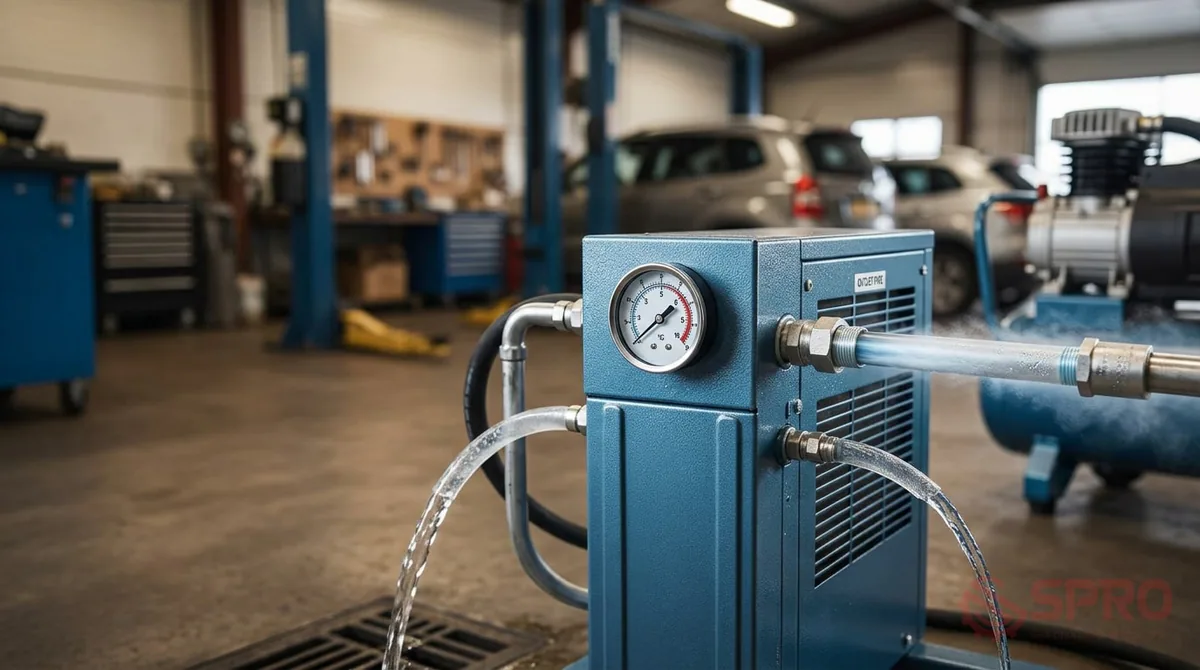 Xử lý nước trong hệ thống khí nén garage hiệu quả nhất 2 xử lý nước trong hệ thống khí nén - 2. Máy sấy khí nén tác nhân lạnh: Công dụng: Hạ nhiệt độ khí nén xuống điểm sương 3°C 10°C để ngưng tụ hơi nước rồi xả ra ngoài.