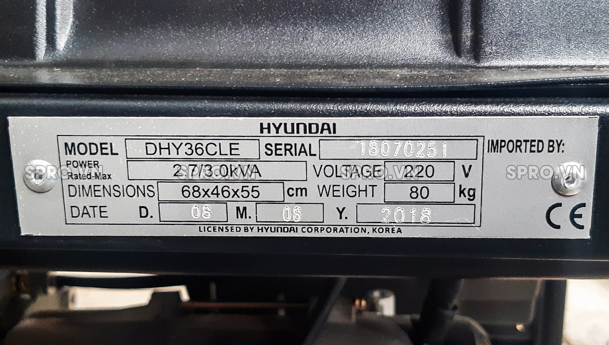 thông số máy phát điện chạy dầu diesel hyundai 3kw dhy36cle