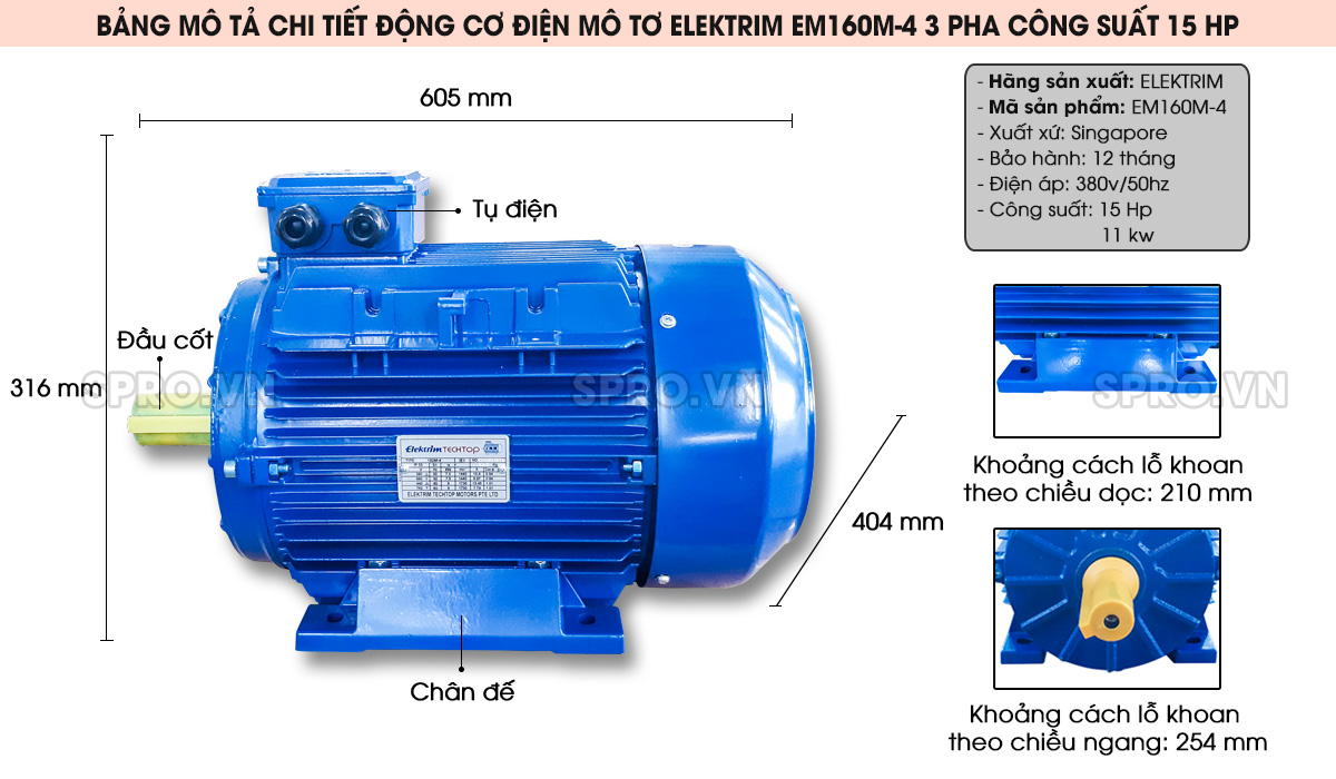 cấu tạo động cơ điện motor elektrim em160m-4 3 pha công suất 15 hp