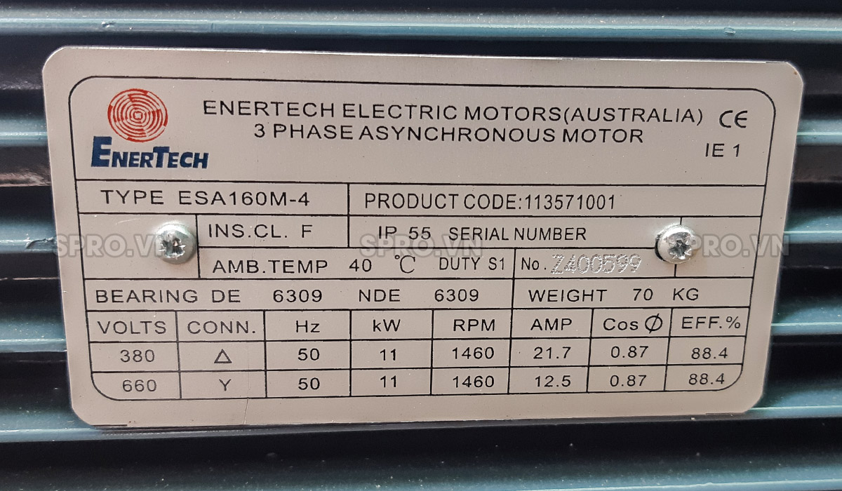 Thông số động cơ mô tơ điện Enertech ESA160M-4 3 pha công suất 15hp
