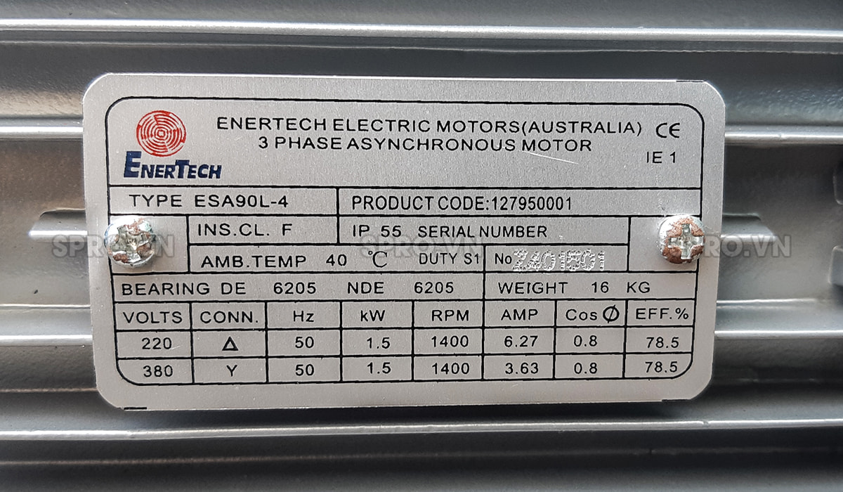 thông số động cơ điện motor enertech esa90l-4 3 pha công suất 2 hp