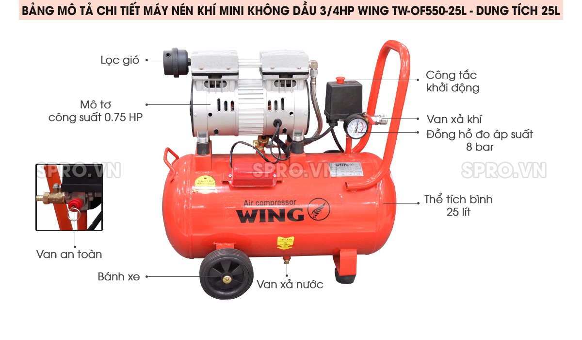 máy nén khí mini không dầu 3/4hp wing tw-of550-25l - dung tích 25l