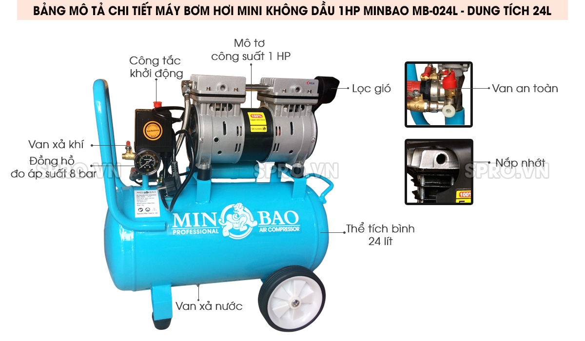 máy bơm hơi mini không dầu 1hp minbao mb-024l - dung tích 24l