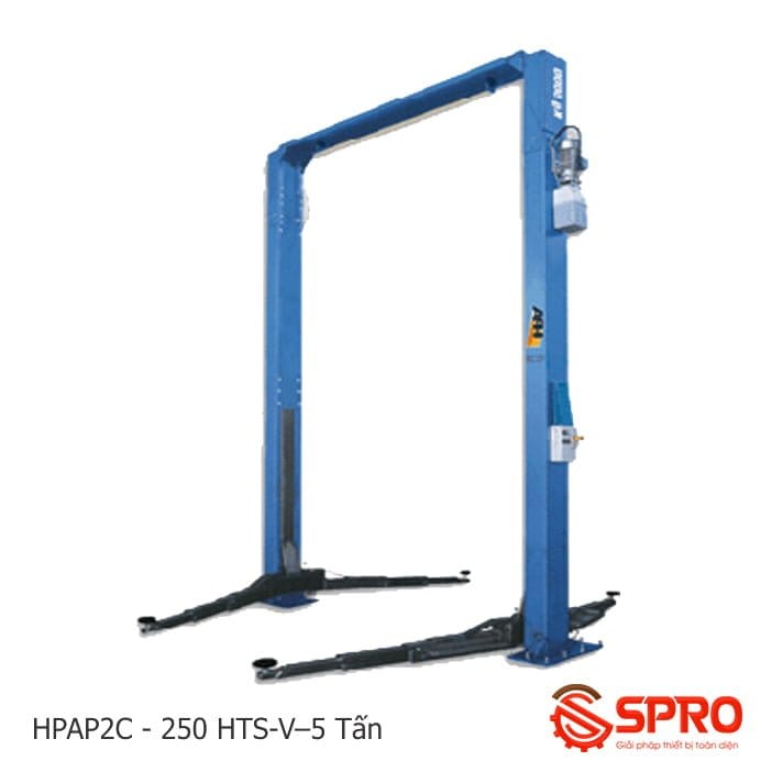 Cầu nâng 2 trụ thủy lực HPA P2C 250 HTS-V – 5 Tấn, Giằng trên, háng rộng, cóc điện 1 cầu nâng 2 trụ