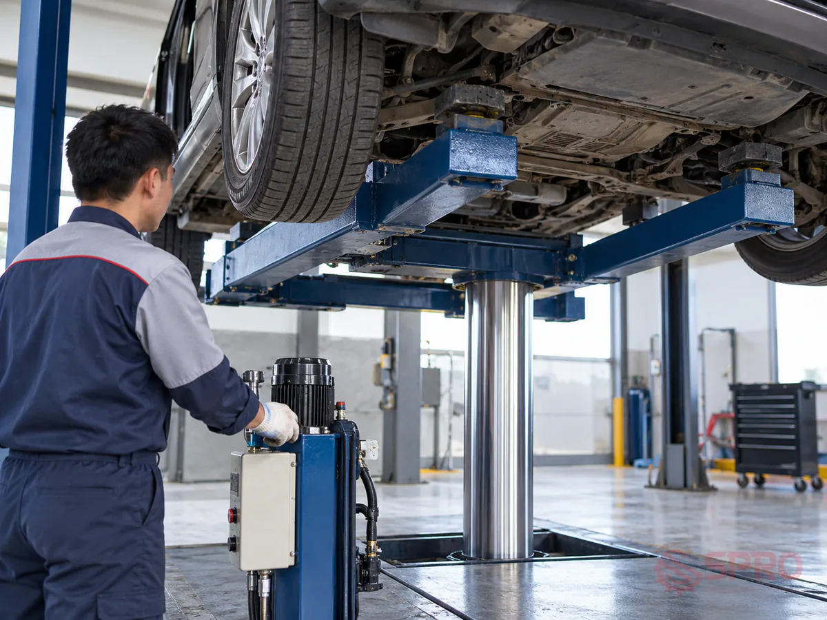 Autopilot reference Spro Cầu nâng ô tô - Bước 4: Đưa xe lên cao và hạ vào chốt hãm cơ học (hình minh họa)