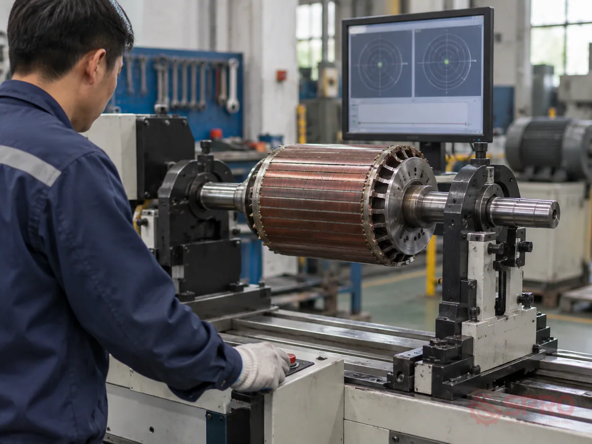 bảo trì động cơ điện công nghiệp - 2. Cân bằng động Rotor theo tiêu chuẩn: Rotor sau khi tháo được đặt lên máy cân bằng động điện tử để kiểm tra độ lệch tâm.