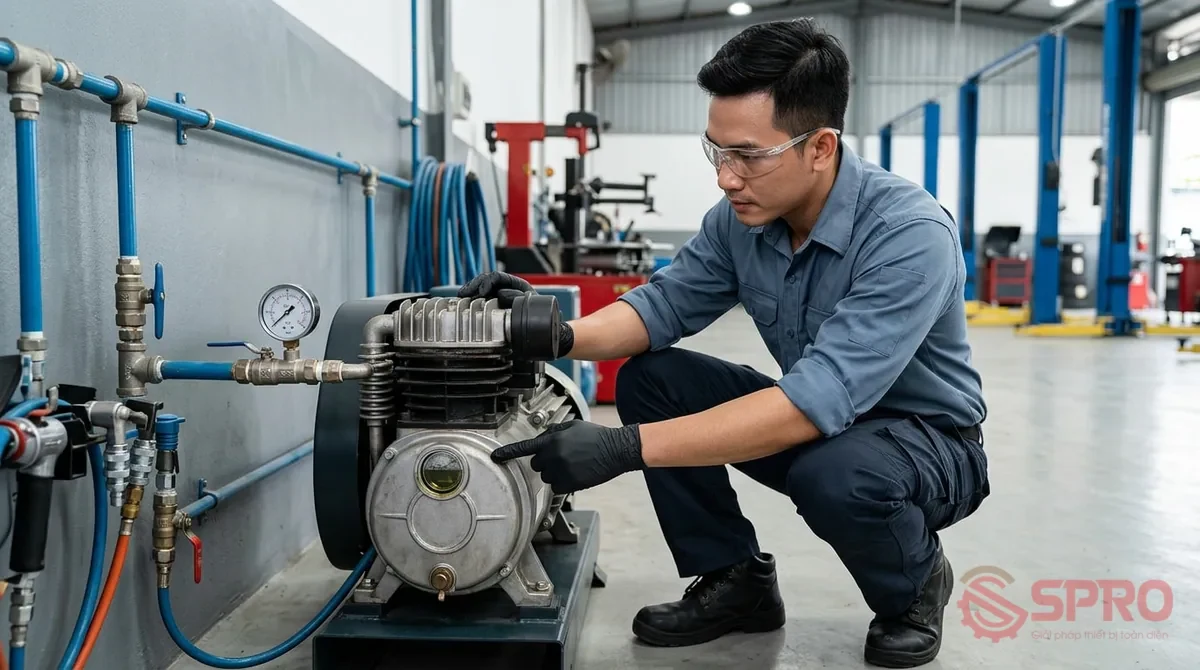 bảo trì phòng ngừa hệ thống khí nén - Checklist kiểm tra hệ thống khí nén trước khi vận hành: Trước khi bật công tắc khởi động cho ca làm việc mới, kỹ thuật viên cần rà soát các hạng mục cơ bản sau: Kiểm tra lượng dầu máy: Quan sát mắt thăm dầu trên đầu nén.