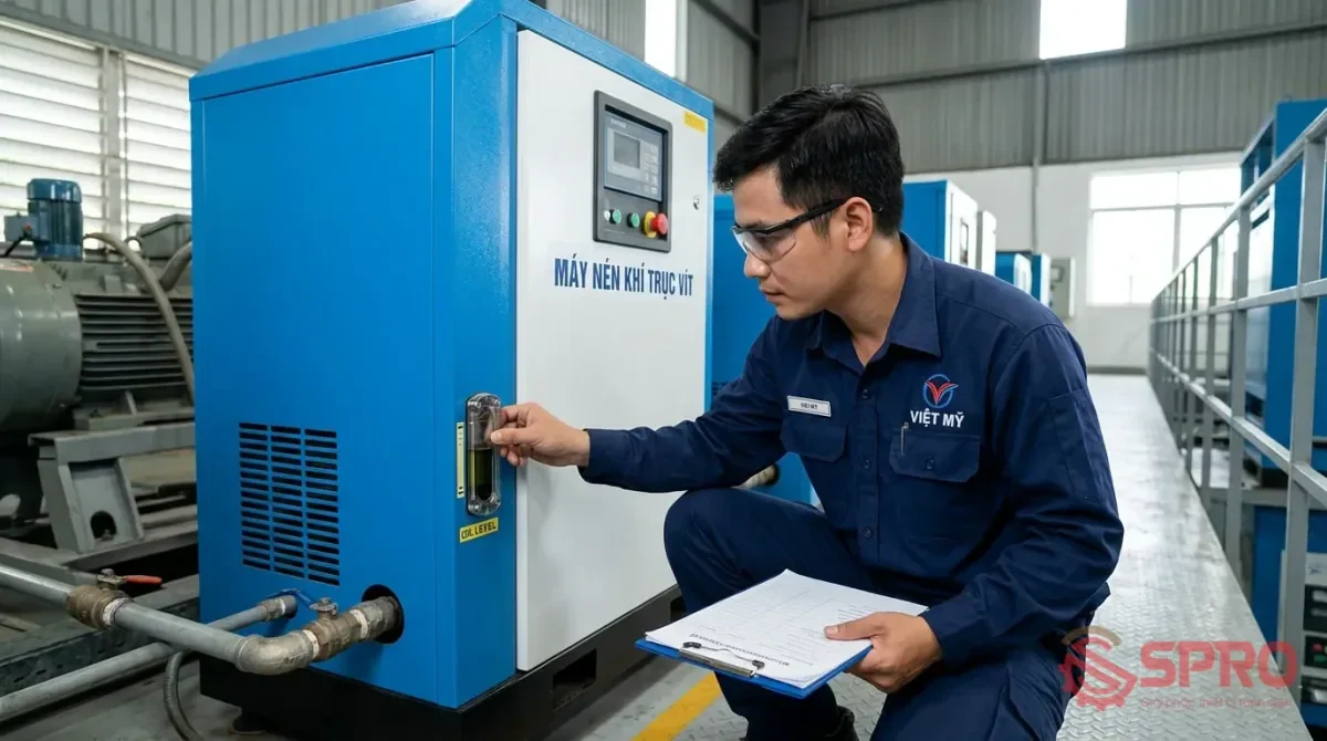 Bảo trì phòng ngừa hệ thống khí nén: Checklist chuẩn 2 bảo trì phòng ngừa hệ thống khí nén - Checklist sau ca làm việc cho hệ thống khí nén: Xả nước ngưng bình tích: Mở van xả đáy bình tích áp để đẩy sạch nước ngưng tụ ra ngoài.