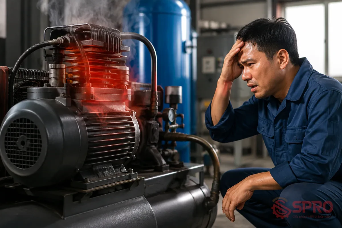bảo trì phòng ngừa máy nén khí động - Triệu chứng bất thường cảnh báo động cơ điện gặp sự cố: Người vận hành cần chú ý phát hiện sớm các biểu hiện bất thường trên hệ thống: Nhiệt độ vỏ động cơ tăng cao: Vỏ mô tơ nóng bừng bất thường, có mùi khét nhẹ từ sơn tản nhiệt hoặc lớp cách điện.