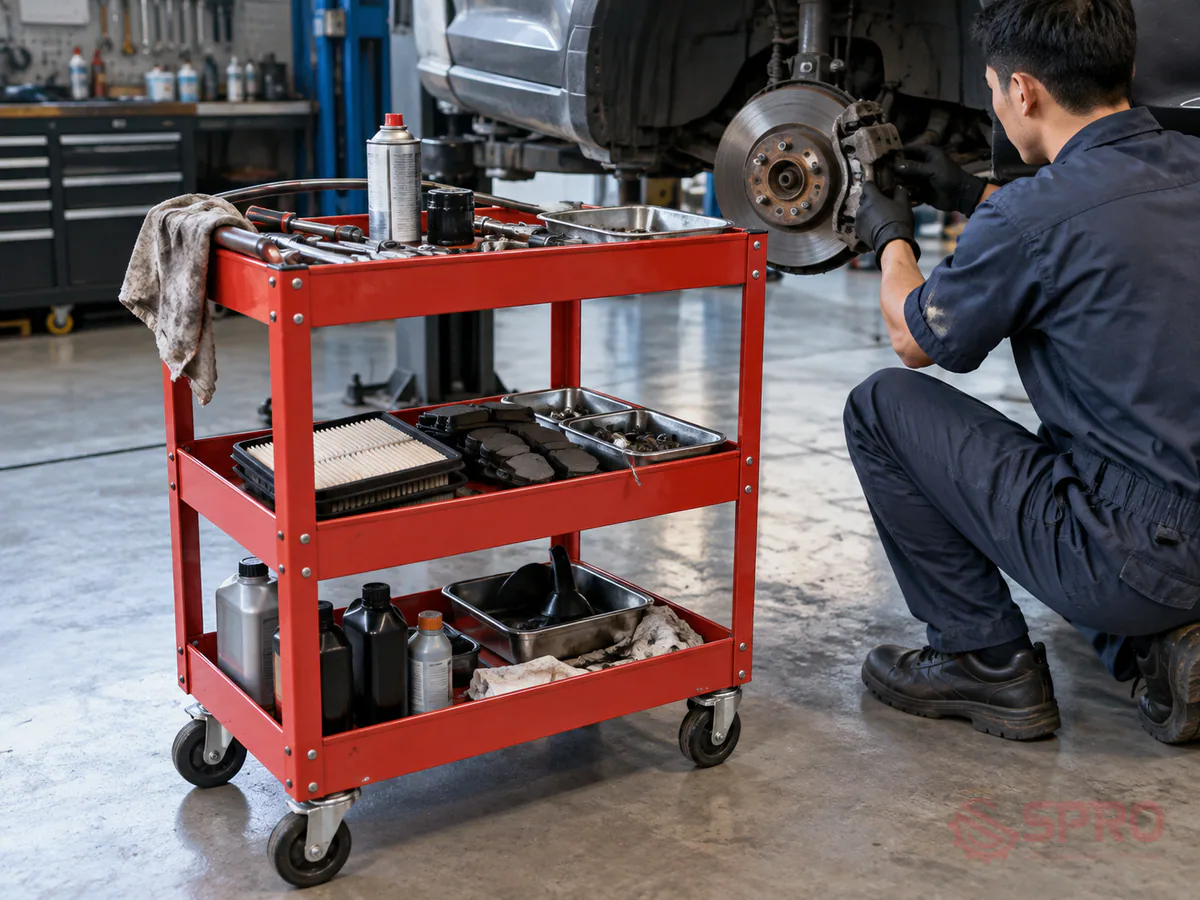 Bố Trí Tủ Đồ Nghề Garage Chuẩn 5S: So Sánh Các Giải Pháp Tối Ưu 2 bố trí tủ đồ nghề garage chuẩn 5s - 3. Xe đẩy dụng cụ 3 tầng cơ động: Giải pháp phụ trợ không thể thiếu cho các công việc bảo dưỡng định kỳ (thay dầu, lọc gió, kiểm tra phanh).