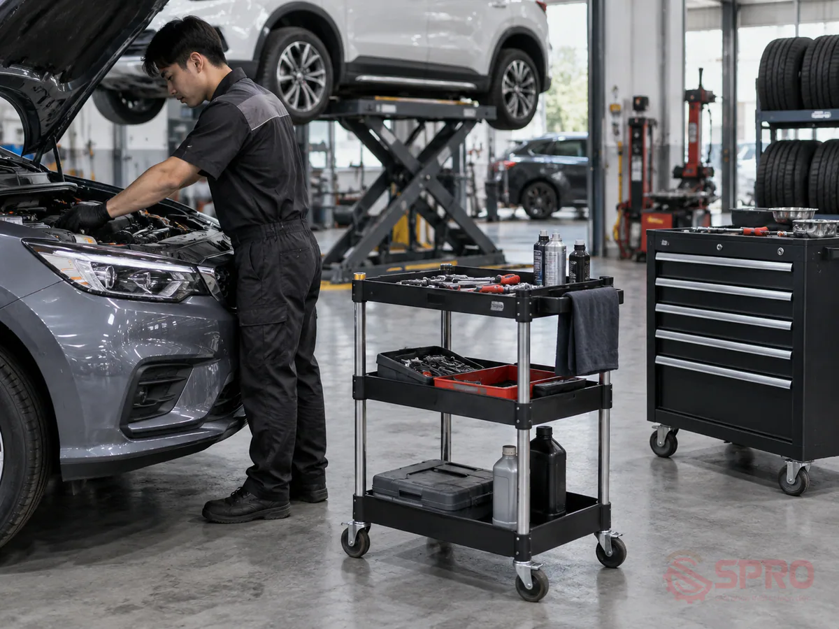 Bố Trí Tủ Đồ Nghề Garage Chuẩn 5S: So Sánh Các Giải Pháp Tối Ưu 3 bố trí tủ đồ nghề garage chuẩn 5s - Tư vấn lựa chọn giải pháp phù hợp với quy mô garage: Garage bảo dưỡng nhanh, detailing, làm lốp : Nên ưu tiên kết hợp xe đẩy 3 tầng cơ động cùng tủ ngăn kéo chuyên dụng nhỏ gọn, giúp di chuyển linh hoạt quanh thân xe và cầu nâng cắt kéo.
