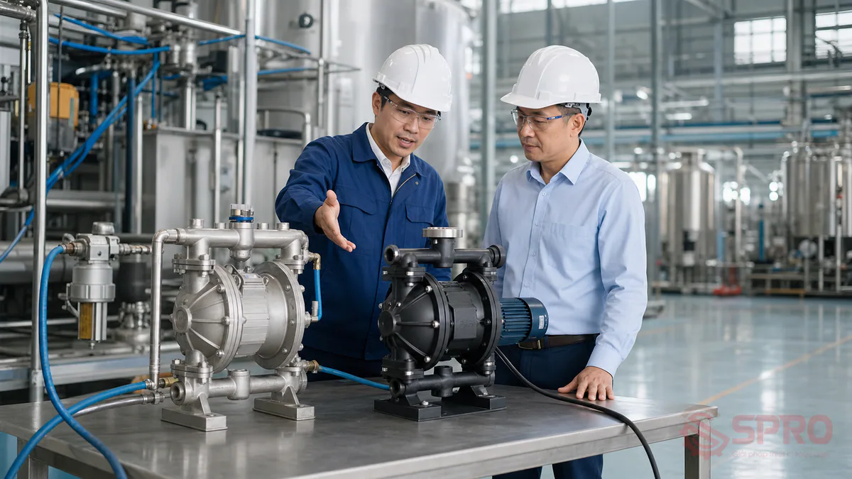 bơm màng khí nén và bơm màng điện - Đánh giá tổng kết và tư vấn từ SPRO: Việc lựa chọn giữa bơm màng khí nén và bơm màng điện không phụ thuộc vào dòng máy nào tốt hơn tuyệt đối, mà phụ thuộc vào hạ tầng có sẵn, tính chất môi chất và bài toán kinh tế của từng nhà xưởng.