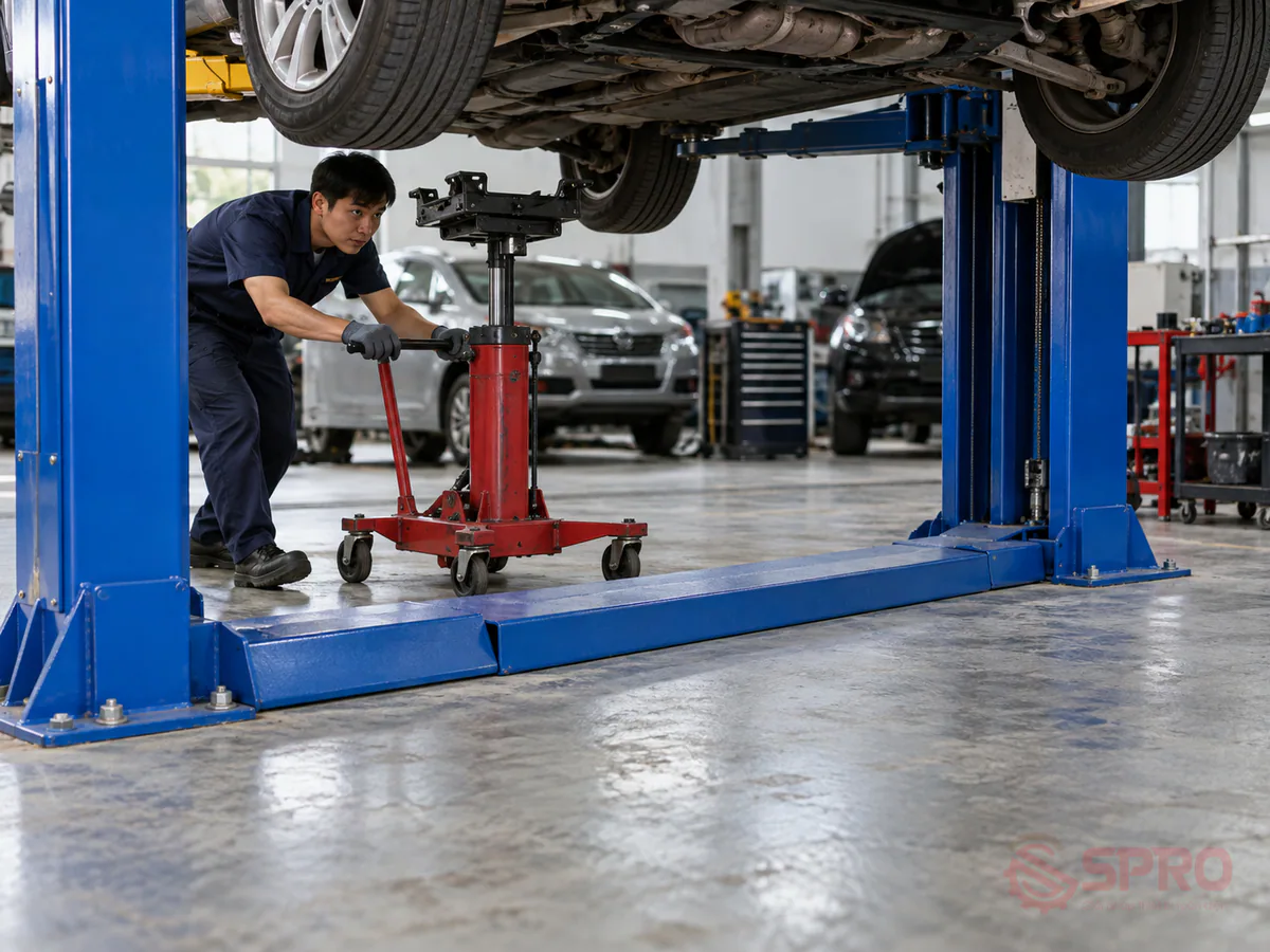 cầu nâng 2 trụ cổng trên hay cổng - Dấu hiệu sự cố và rủi ro thường gặp khi chọn sai kiểu cầu nâng: Xung đột chiều cao tĩnh không: Lắp đặt cầu giằng trên vào nhà xưởng có chiều cao trần dưới 3,8m khiến đỉnh dầm va chạm trực tiếp với mái tôn hoặc không đạt hết biên độ hành trình an toàn.