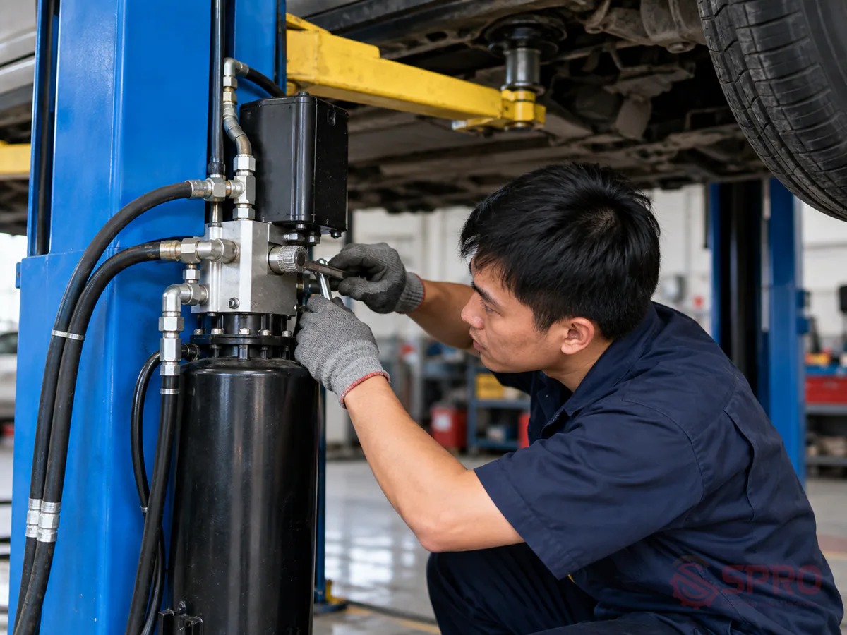 cầu nâng 2 trụ cổng trên hay cổng - Các thao tác nguy hiểm tuyệt đối không tự can thiệp tại xưởng: Không sửa chữa cơ cấu khóa hoặc cáp khi đang có tải: Mọi thao tác siết cáp, kiểm tra puly phải được thực hiện khi tay nâng đã hạ sát sàn và không có xe trên giá đỡ.
