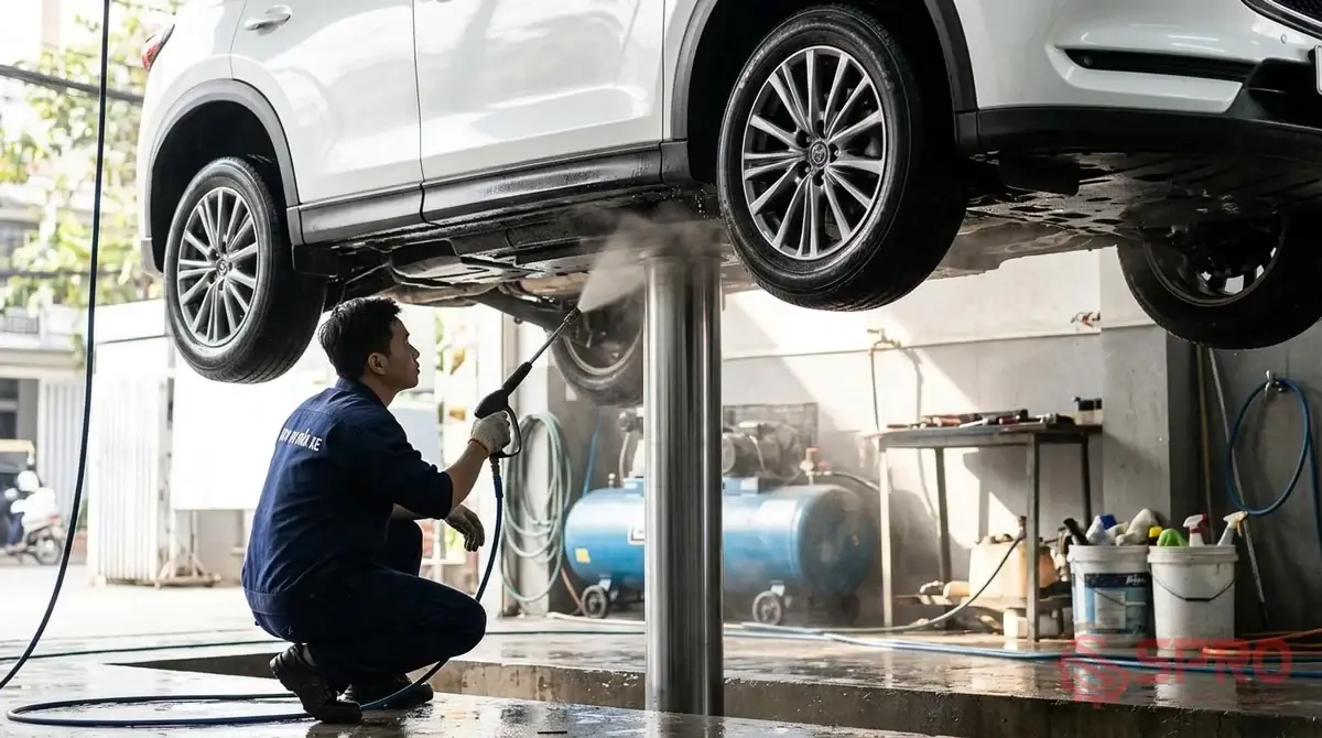 Danh mục phụ kiện cầu nâng 1 trụ rửa xe bắt buộc khi lắp đặt: hình minh họa nội dung chính của bài viết.
