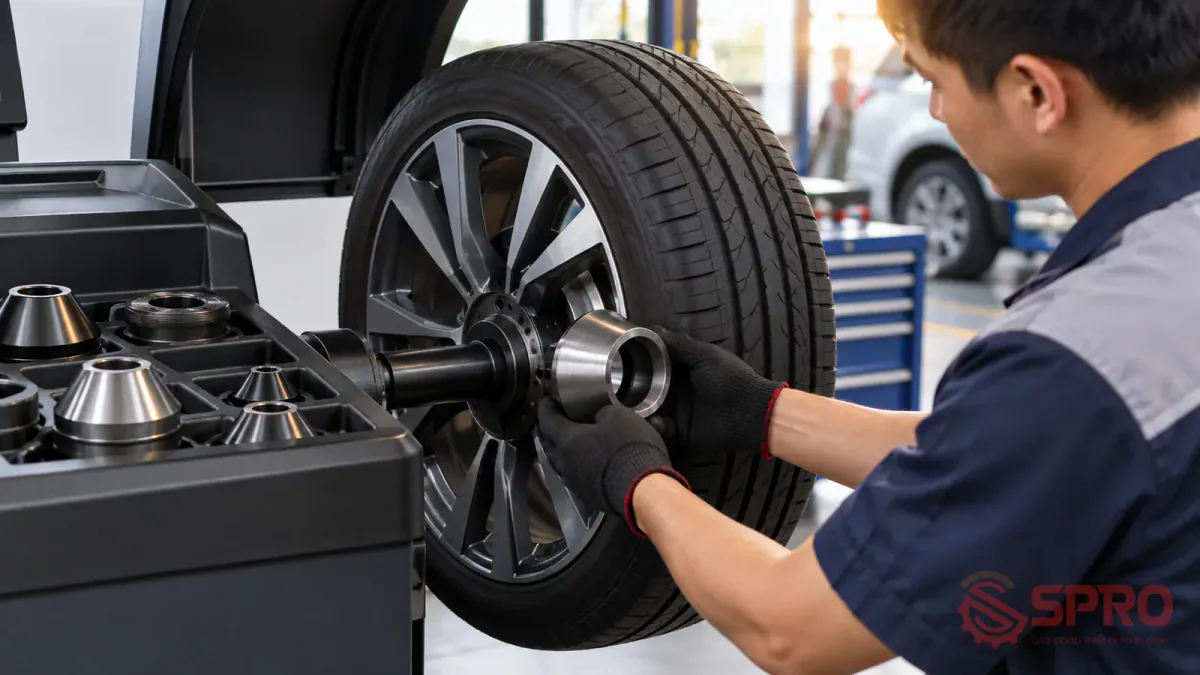 Quản lý phụ kiện máy cân mâm chuẩn xác cho thợ lốp 2 quản lý phụ kiện máy cân mâm - Hướng dẫn gá đặt phụ kiện an toàn và chuẩn xác: Thao tác cơ khí chính xác quyết định độ bền của toàn bộ phụ tùng đi kèm máy: 1.