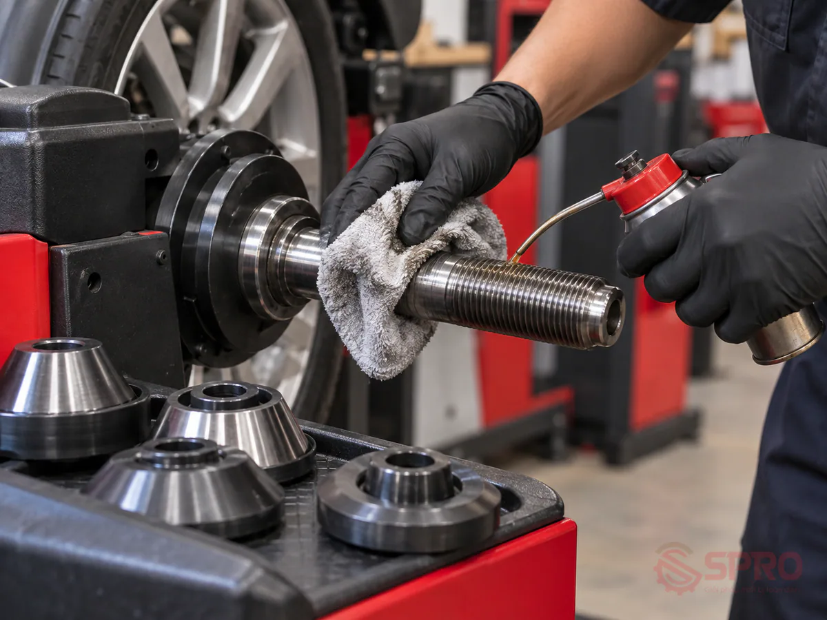 Quản lý phụ kiện máy cân mâm chuẩn xác cho thợ lốp 3 quản lý phụ kiện máy cân mâm - Lịch bảo dưỡng định kỳ và dấu hiệu phụ kiện cần thay mới: Để đảm bảo thiết bị hoạt động ổn định, xưởng nên áp dụng lịch bảo dưỡng định kỳ: Hàng tuần : Lau sạch trục ren chính và bôi một lớp dầu dưỡng nhẹ để ngăn ngừa oxy hóa bề mặt, giữ ngàm khóa nhanh hoạt động êm ái.