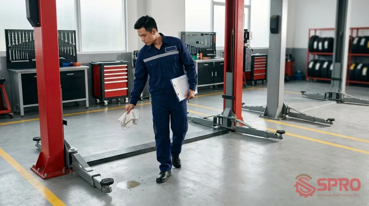 Dấu hiệu cảnh báo rủi ro lắp đặt cầu nâng ô tô tại xưởng: Kỹ thuật viên vận hành cần lập tức ngưng thao tác nâng hạ nếu phát hiện các hiện tượng bất thường sau: Độ cao nâng không đều: Hai bên tay nâng hoặc bàn nâng lệch nhau rõ rệt khi tải xe, gây nguy cơ trượt nghiêng.
