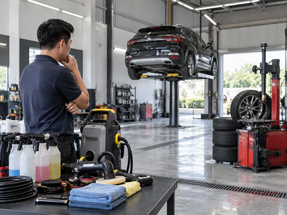 Thiết bị mở tiệm rửa xe detailing kết hợp làm lốp tối ưu 2 Cấu hình thiết bị mở tiệm rửa xe detailing kết hợp làm lốp theo ngân sách: Tùy theo quy mô mặt bằng và định hướng phát triển, chủ tiệm có thể lựa chọn bộ thiết bị mở tiệm rửa xe detailing kết hợp làm lốp phù hợp.
