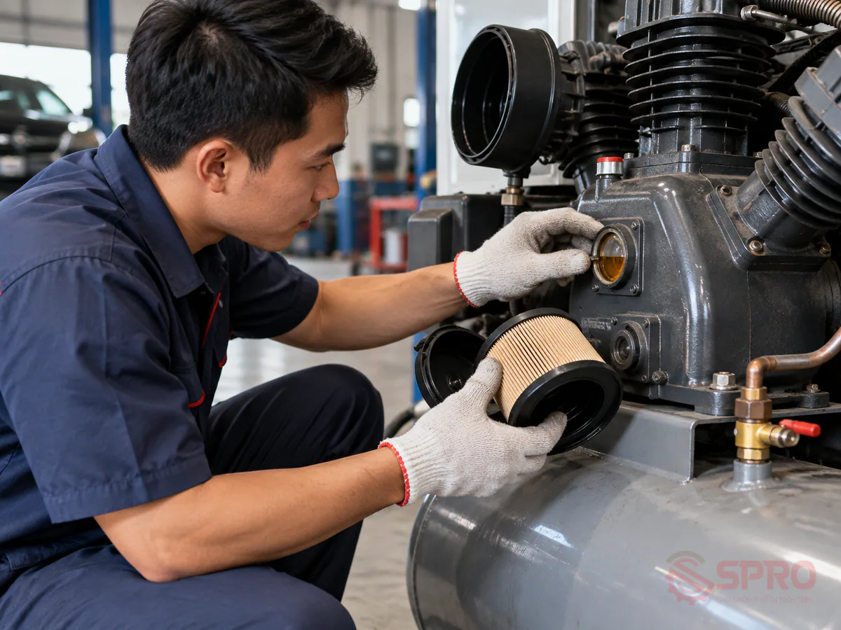Xu hướng chuyển dịch máy nén khí garage: Trục vít hay Piston tối ưu hơn? 3 xu hướng chuyển dịch máy nén khí garage - 6. Lưu ý thực tế khi vận hành và bảo dưỡng để duy trì độ bền: Thường xuyên kiểm tra mắt thăm dầu, châm dầu đúng định mức và vệ sinh bầu lọc gió đầu vào.